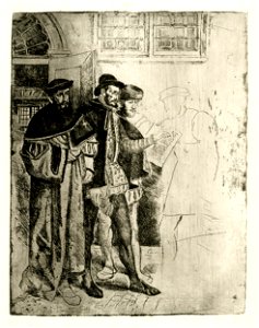 Leys - Three man in medieval costume standing in a hall receiving a letter from a fourth person shown in outlines, 1872,0113.489