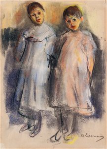 Max Liebermann, Dvě děvčátka (kolem 1902), pastel na papíru 340 x 240 mm, sbírka kresby Národní galerie v Praze. Free illustration for personal and commercial use.