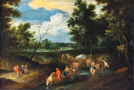 Lichte Eichenwaldlandschaft mit Pferdefuhrwerken und Bauern auf stark besuchtem Weg