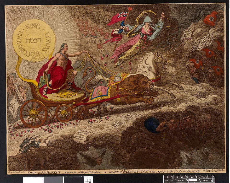 Light Expelling darkness, - evaporation of Stygian exhalations,-or- The sun of the constitution, rising superior to the clouds of opposition. (BM 1982,U.757 1)