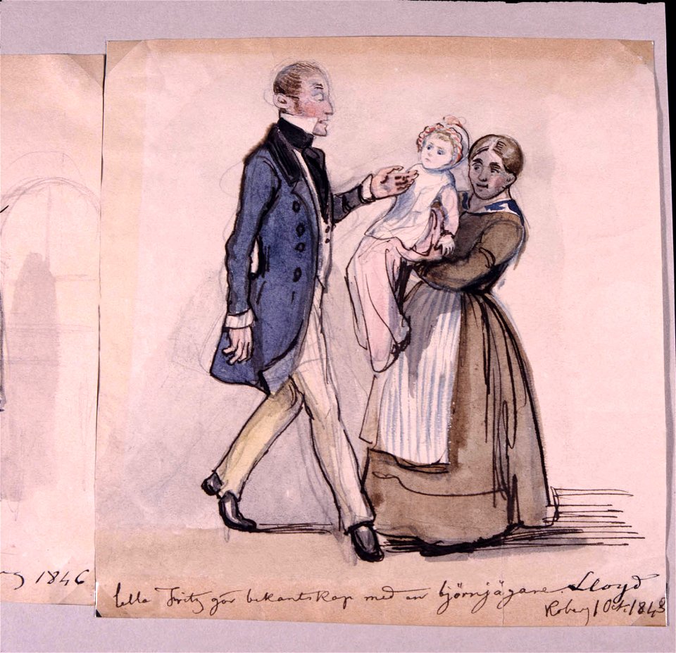 Lille Fritz gör bekantskap med en björnjägare Lloyd. Fritz von Dardel, 1843 - Nordiska Museet - NMA.0043701