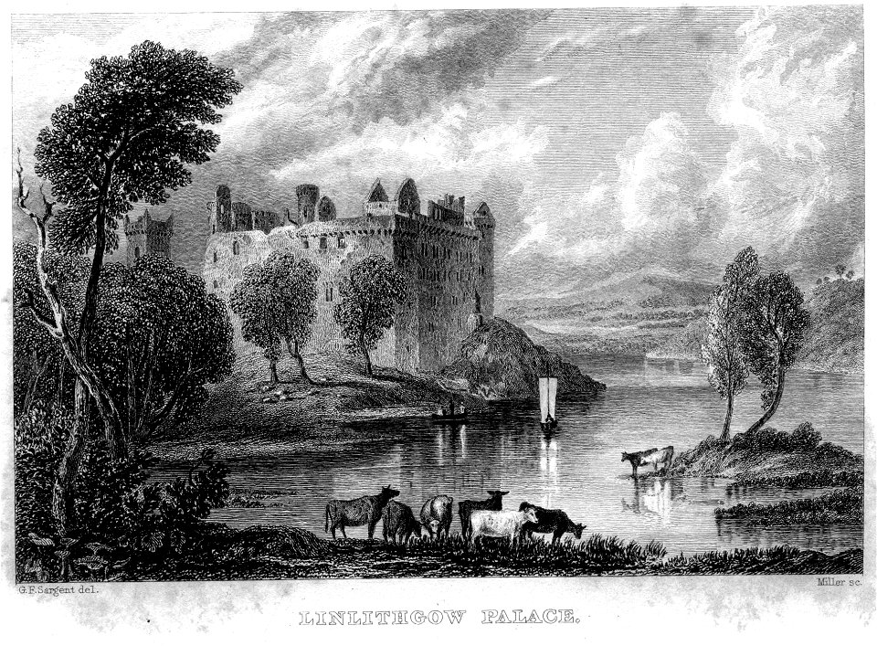 Linlithgow Castle engraving by William Miller after G F Sargent