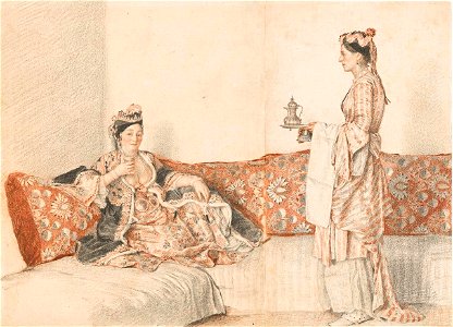 Liotard - Dienerin, einer auf einem Divan sitzenden Orientalin eine Teekanne präsentierend, um 1740-1742, OR 528