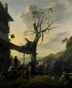 Johannes Lingelbach - Mountainous landscape with peasants dancing and playing music before an inn