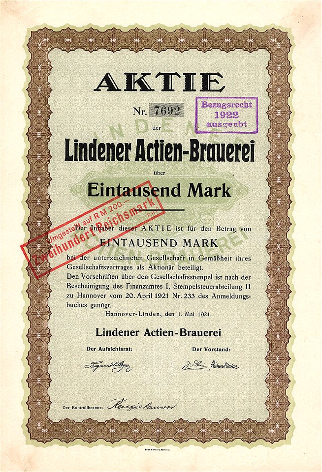 Lindener Actien-Brauerei 1000 Mk 1921