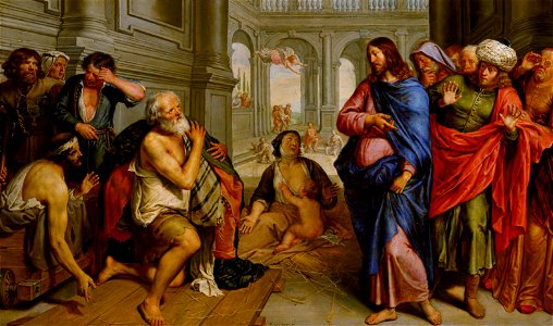 Pieter van Lint - Christ healing the lame at the pool of Bethesda. Free illustration for personal and commercial use.