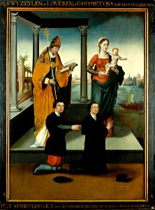 Linkerluik van het drieluik van de schuitenvoerders in de Jacobikerk te Utrecht, met stichtersfiguren en heiligen Centraal Museum 2476 A