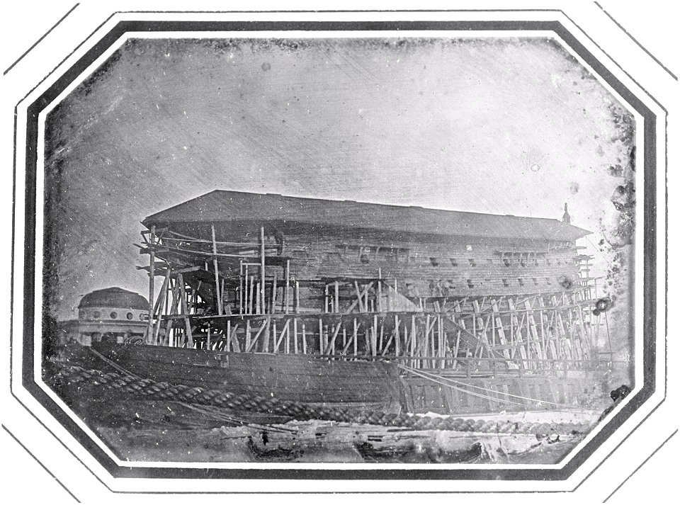 Linieskibet Dannebrog under bygning på Orlogsværftet i 1849