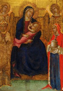 Lippo Vanni - La Virgen y el Niño en el trono con los santos Nicolás y María Magdalena, c. 1370. Free illustration for personal and commercial use.