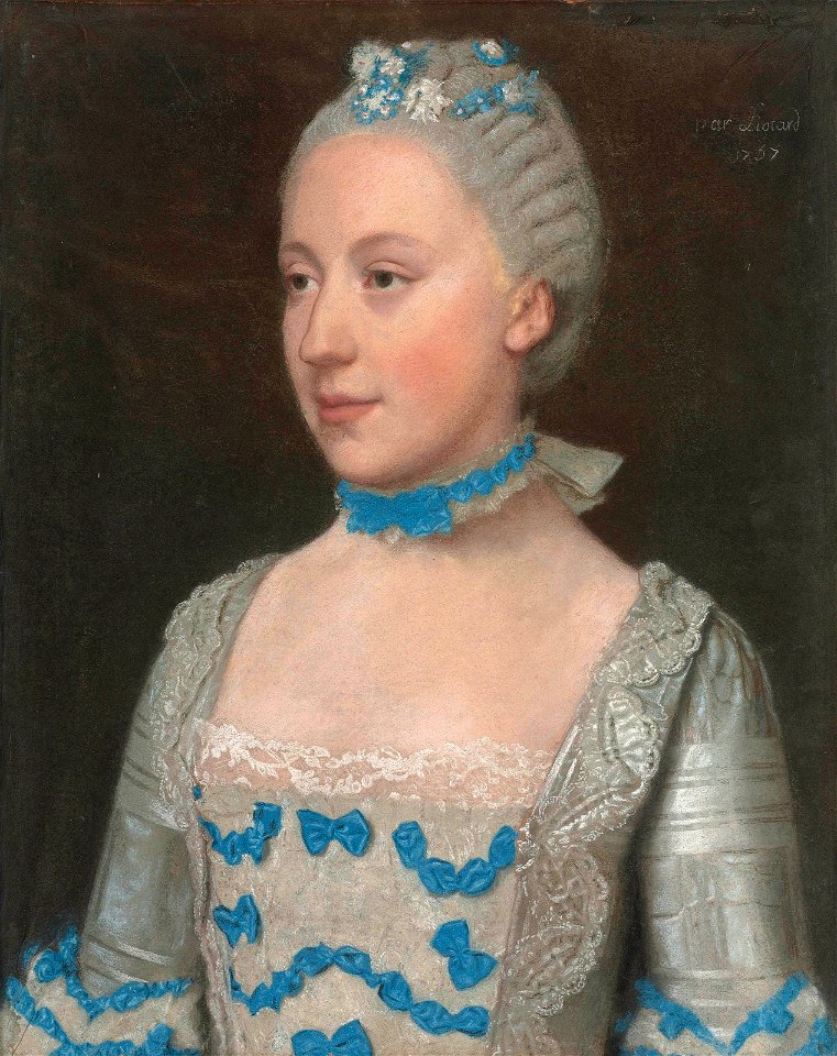 Liotard - Portrait of Madame Saint Pol, half-length, in a light blue gown trimmed with blue silk bows and white lace, 1757, 5582142