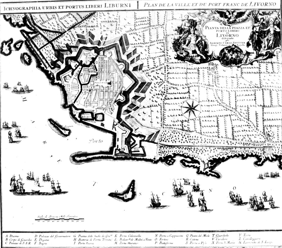Livorno map of the town (1720) by Alberto Carlo Seutter 01