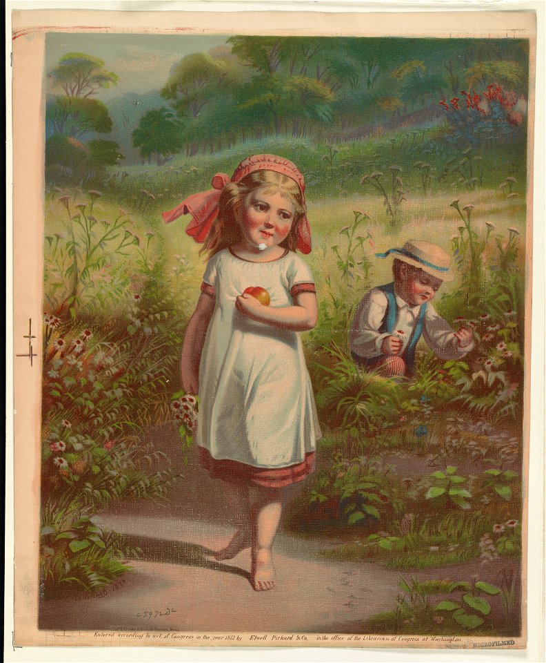 Little girl and a little boy picking fruits and flowers LCCN2003677900