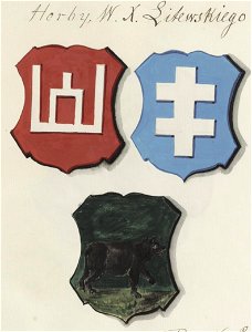 Lithuanian national coats of arms – Columns of Gediminas, Double Cross of the Jagiellonians (Jogaila) and Samogitian bear, painted in 1875. Free illustration for personal and commercial use.