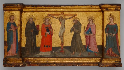 Lippo di Andrea - Christ on the Cross with Saints Margaret (^) Anthony Abbot, an unidentified deacon saint, Francis, Minias, and Dorothea - 1962.278 - Harvard Art Museums