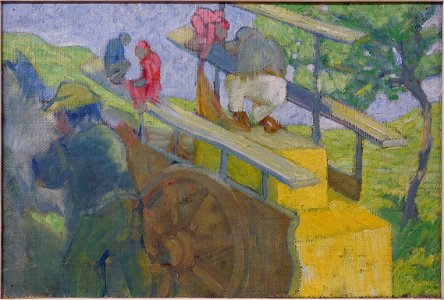 Little monkey on a cart, by Franz Marc, 1906, oil on burlap - Germanisches Nationalmuseum - Nuremberg, Germany - DSC02434. Free illustration for personal and commercial use.