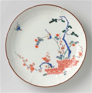 Lobed dish with brushwood fence, prunus, bamboo, pine tree and birds