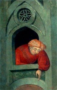 Lluís Borrassà - Young Man Leaning out of the Window - Google Art Project