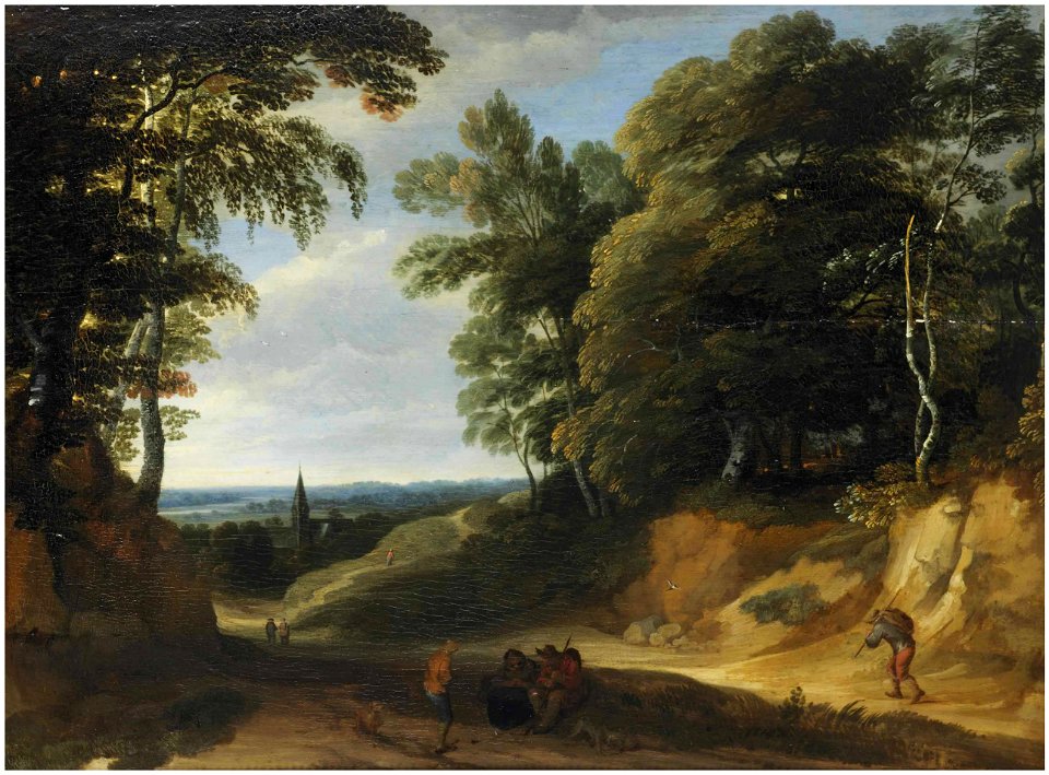 Lodewijk de Vadder - A wooded landscape with figures on a path, a village beyond