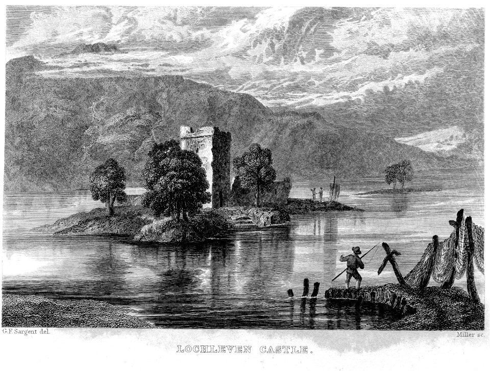 Lochleven Castle engraving by William Miller after G F Sargent