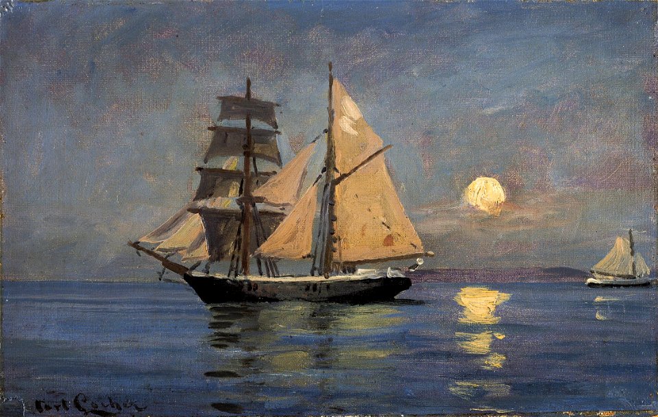 Carl Locher - Natstemning på havet. Fuldmåne