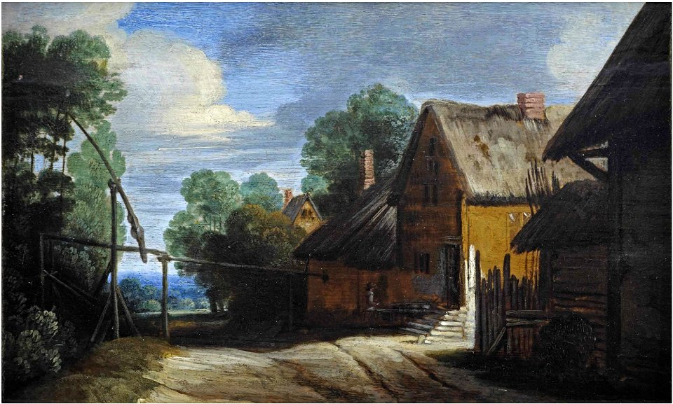 Lodewijk de Vadder - Farmhouses on a sandy road near a well