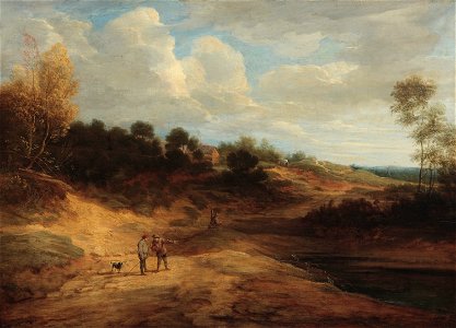 Lodewijk de Vadder - Extensive dune landscape with travelers and a dog on a path alongside an inlet