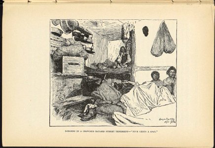 Lodgers in a crowded Bayard Street Tenement - Five Cents a spot - drawing
