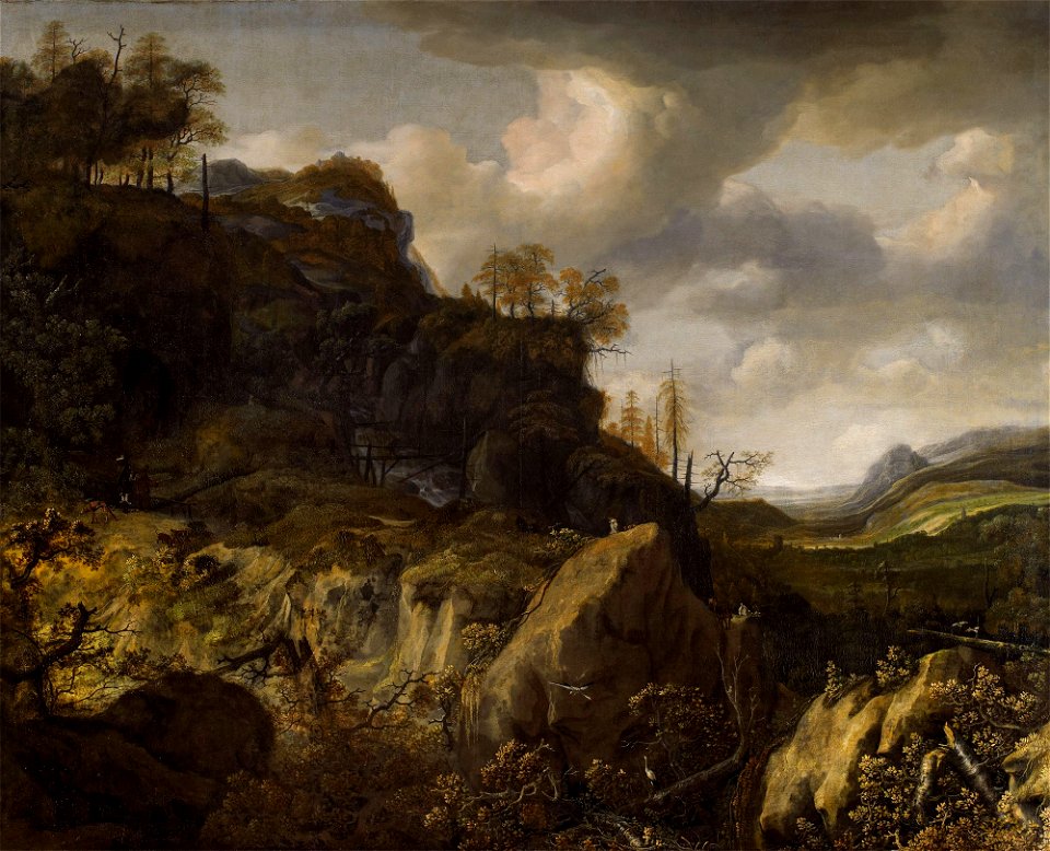 Mountainous wooded landscape with a distant view down a valley by Jan Looten