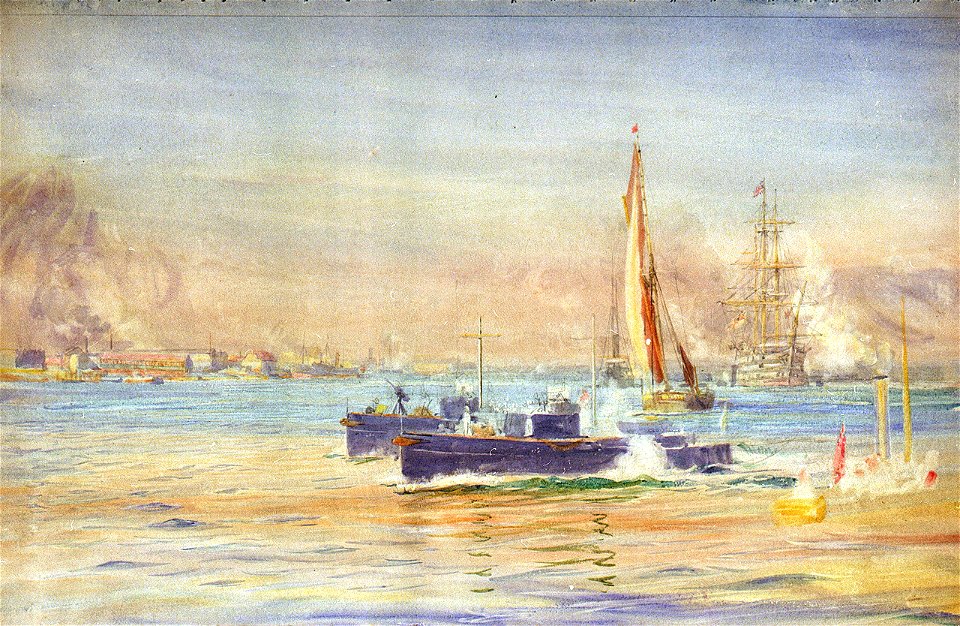 Looking into Portsmouth Harbour, with two Elco motor launches crossing to Gosport RMG PV3299