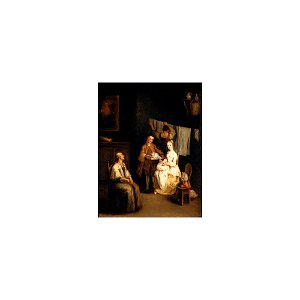 Longhi - AN INTERIOR WITH A BOY-SERVANT BRINGING A YOUNG LADY A BONNET, AN ELDERLY LADY SEATED NEARBY AND A MAID HANGING LAUNDRY BEYOND ('LA MODISTA'), lot.211