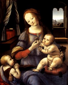 Lorenzo di credi, Madonna with the Christ Child and St John the Baptist. Free illustration for personal and commercial use.