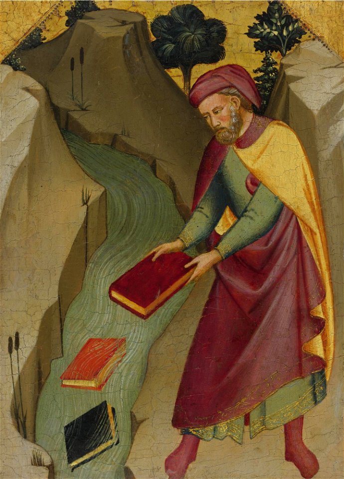 Lorenzo Monaco. Hermogenes Throwing the Books of Magic into the River, 1387-8, Priv. coll. USA