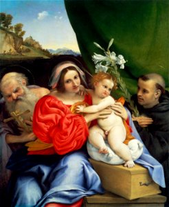 Lorenzo Lotto - Virgin and Child with Saints Jerome and Nicholas of Tolentino - Google Art Project. Free illustration for personal and commercial use.