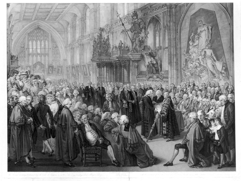 Lord Mayor Newnham taking the Oaths, 1782 (includes Nathaniel Newnham; John Boydell and numerous other sitters) by William Miller