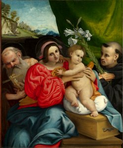 Lorenzo Lotto - The Virgin and Child with Saints Jerome and Nicholas of Tolentino - Google Art Project. Free illustration for personal and commercial use.