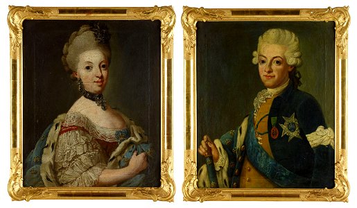 Lorens Pasch den yngre, Porträtt av Gustav III iklädd livgardets blågula uniform och Sofia Magdalena klädd i röd klänning. Free illustration for personal and commercial use.