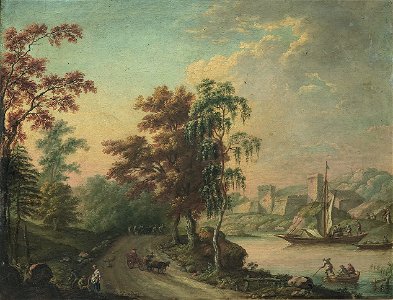 Lorens Gottman-Landskap med stad, fartyg och figurer