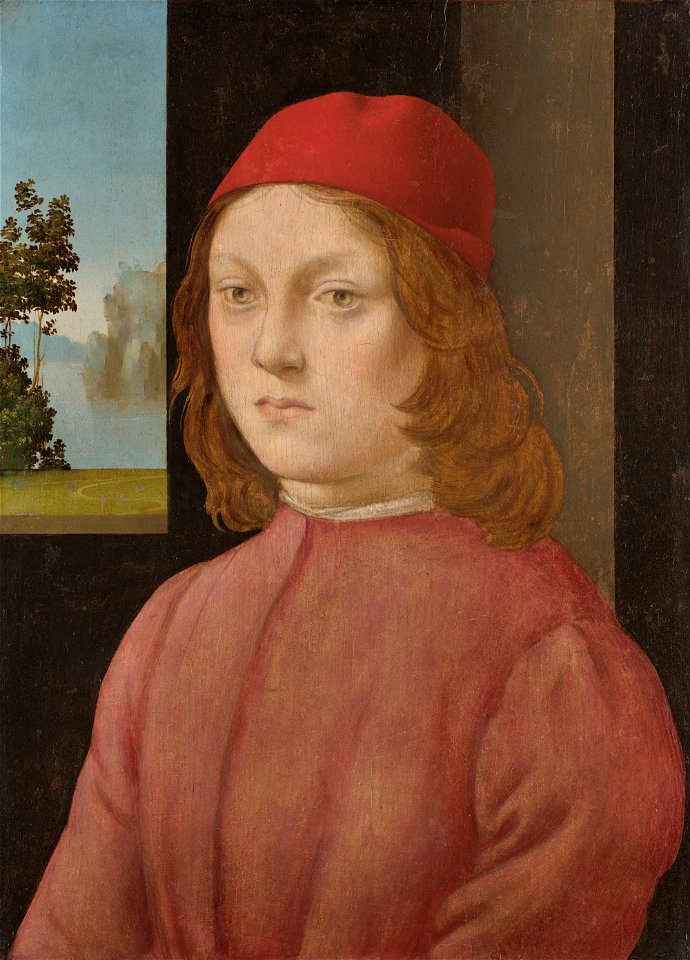 Lorenzo di Credi - Boy in Scarlet Cap. Free illustration for personal and commercial use.