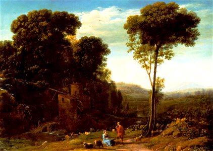 Claude Lorrain - Paysage pastoral avec un moulin (1634). Free illustration for personal and commercial use.