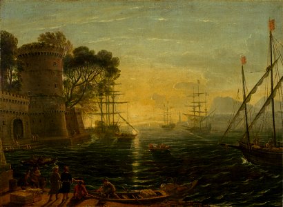 Claude Lorrain (suiveur de) - Port au coucher du soleil. Free illustration for personal and commercial use.