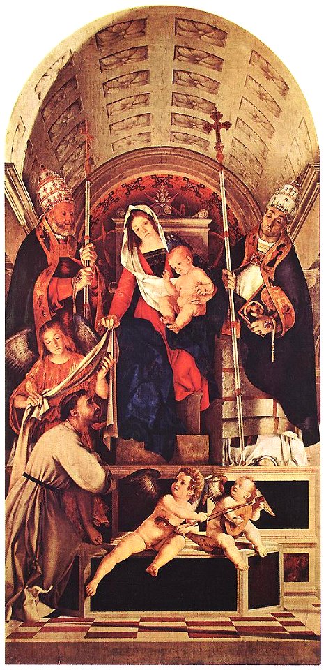 Lorenzo Lotto - Madonna and Child with Sts Dominic, Gregory and Urban - WGA13659