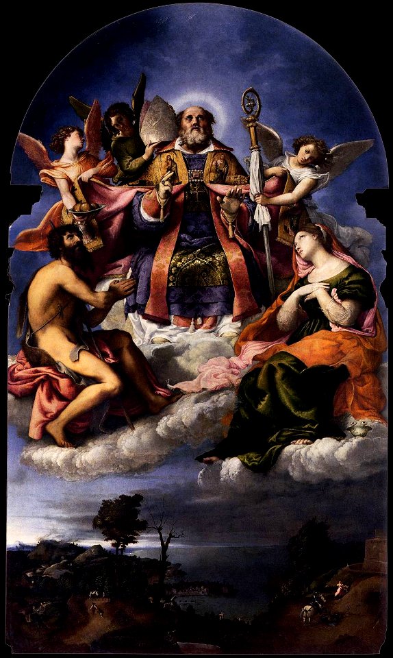 Lorenzo Lotto - St Nicholas in Glory with Sts John the Baptist and Lucy - WGA13707