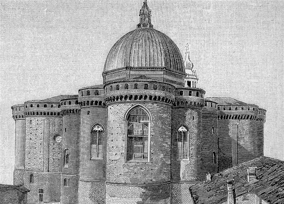 Loreto – Le mura della chiesa e la cupola (xilografia)