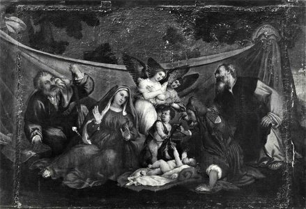 Lotto - Adorazione del Bambino con san Giuseppe, san Giovannino, sant'Elisabetta, san Zaccaria e angeli, Museo - Antico Tesoro Santa Casa