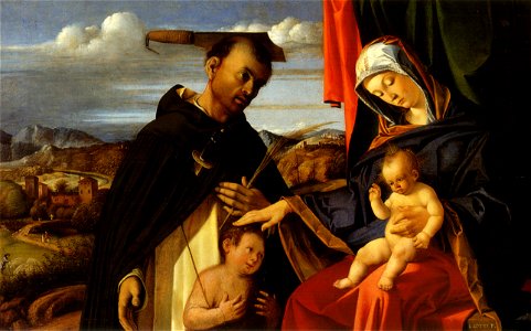 Lotto, Madonna col Bambino, san Pietro martire e un donatore. Free illustration for personal and commercial use.