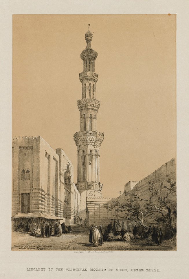 Louis Haghe (British, 1806-1885), F.G.Moon, 20 Threadneedle Street, London, David Roberts (British, 1796-1864) - Egypt and Nubia, Volume III, Minaret of the Principal Mosque Siout, Upper Egypt - 2012.227 - Cleveland Museum of Art