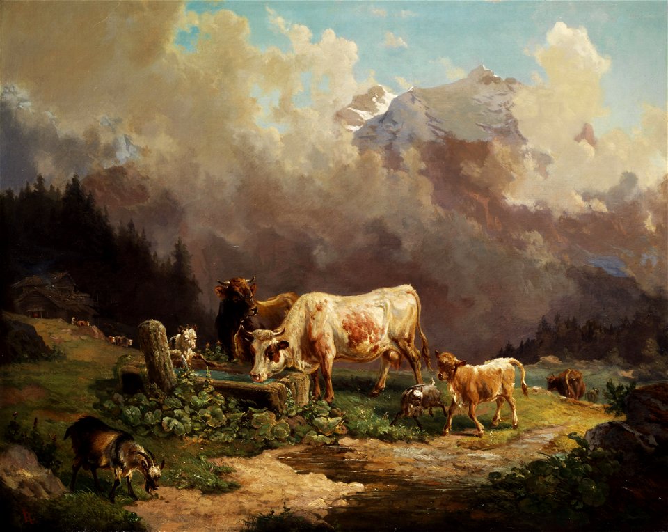 Louis Reinhardt Vieh im Hochgebirge an der Tränke