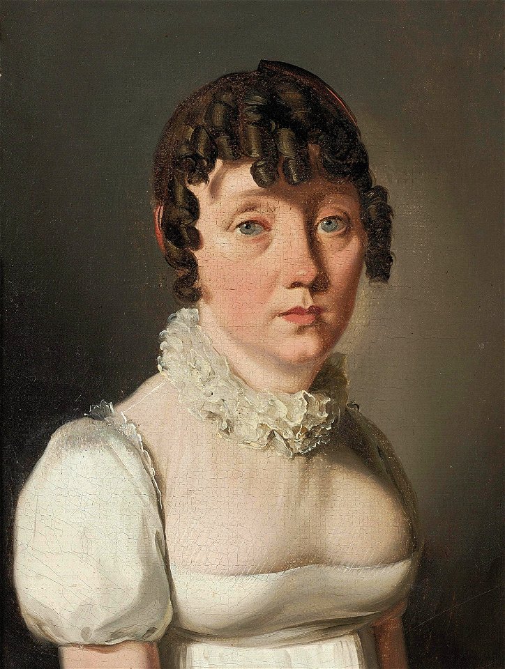 Louis Léopold Boilly - Portrait d'une dame, demi-longueur, dans une robe blanche avec col de dentelle