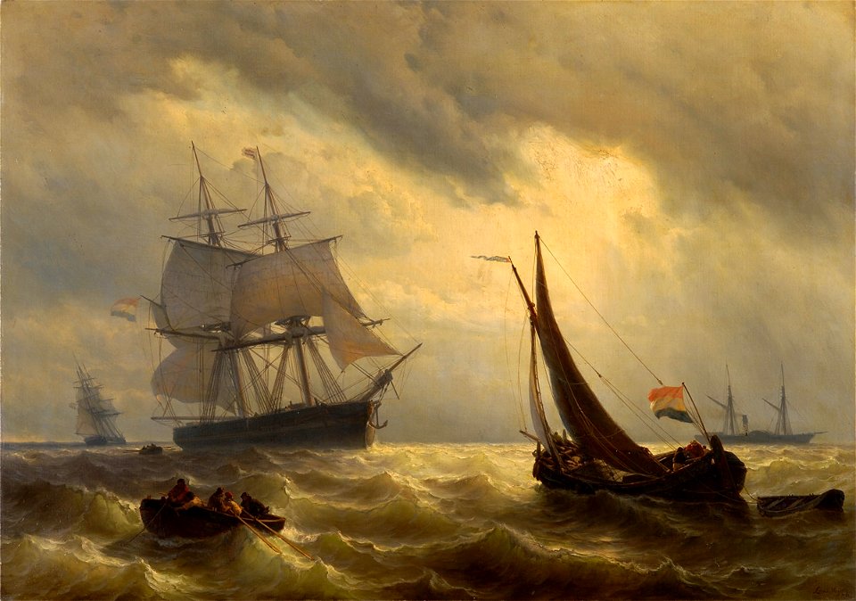 Louis Johan H Meyer Fregatte und Fischerboote vor der Küste