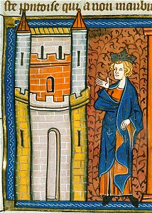 Louis IX in front of fortress, from Chroniques de France ou de St Denis, 14th century (22690438696). Free illustration for personal and commercial use.
